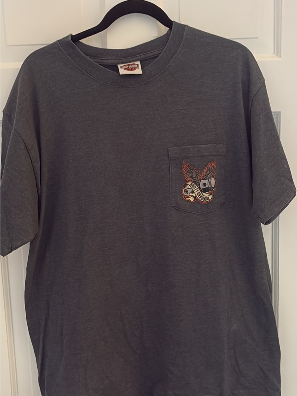 HARLEY DAVIDSON Gray Pocket Tee with Winged Graphic